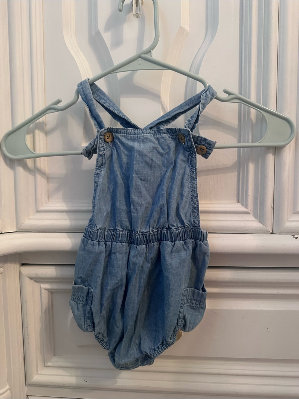 Light Blue Denim Baby Romper Overalls Old Navy 6-12 mo.